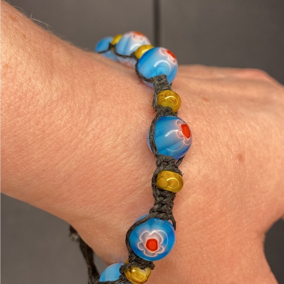 HANDCRAFTED/HANDMADE Red, White, and Blue Glass Flower Beads with Black Hemp - Picture 2 of 5